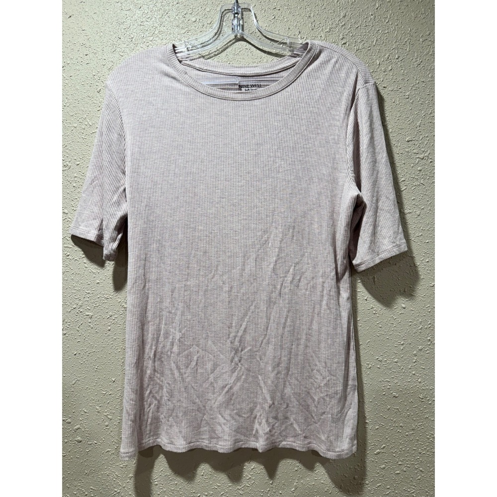 Nine West Soft Spun Ribbed Knit Tee Mauve Pink Short Sleeve Crew Neck Top Large